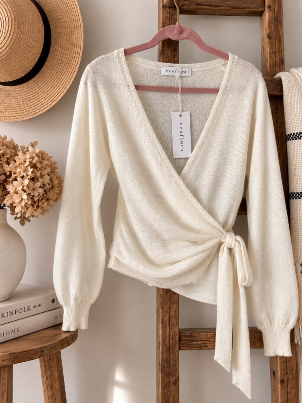 Neuflora Sarasota Cream Wrap Tie Sweater Large NWT